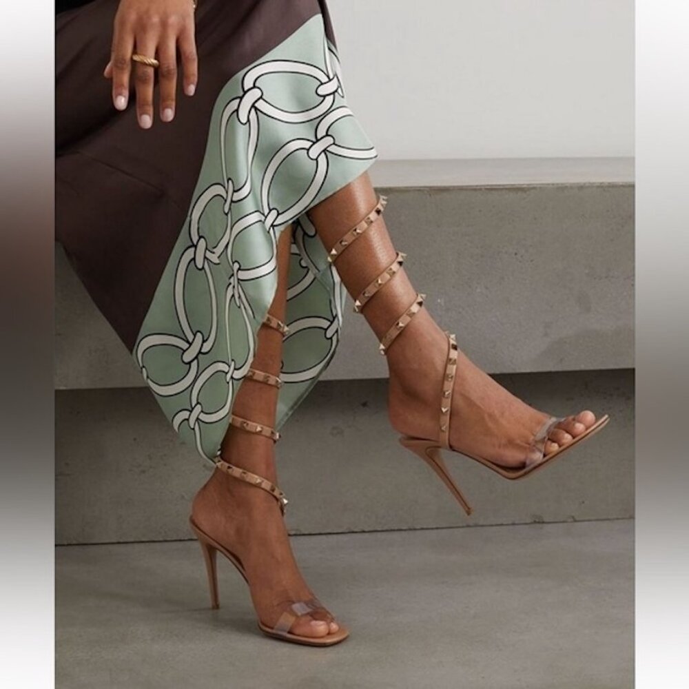 Valentino Rockstud Studded PVC Leather Wrap Strap Heels Sandals Shoes - Picture 6 of 16